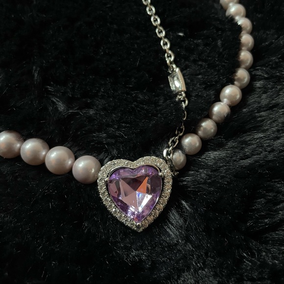 Purple pearl rhinestone heart necklace - Picture 2 of 4